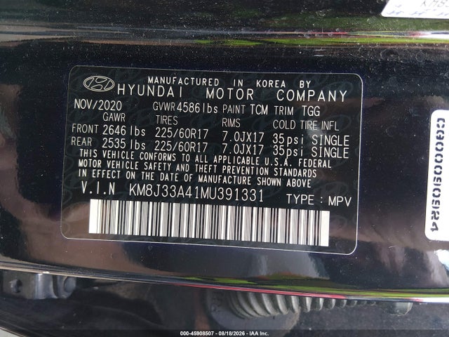 Продаж на аукціоні авто 2021 Hyundai Tucson Value, vin: KM8J33A41MU391331, номер лоту: 45908507