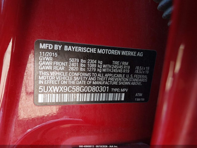 Aukcja sprzedaży 2016 Bmw X3 Xdrive28i, vin: 5UXWX9C58G0D80301, numer aukcji: 45908513