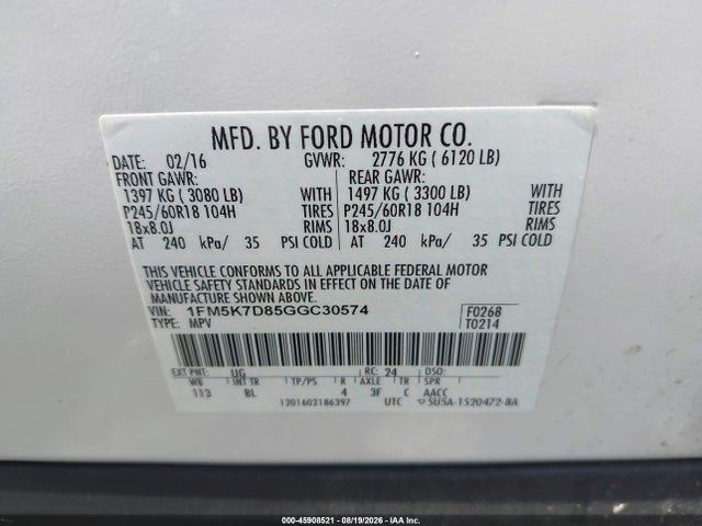 45908521 :رقم المزاد ، 1FM5K7D85GGC30574 vin ، 2016 Ford Explorer Xlt مزاد بيع