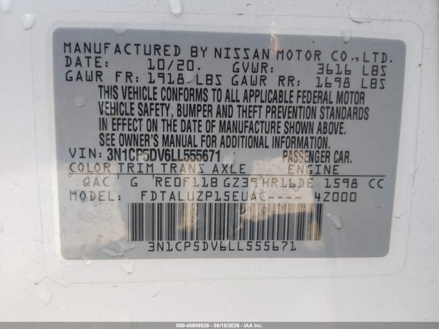 45908526 :رقم المزاد ، 3N1CP5DV6LL555671 vin ، 2020 Nissan Kicks Sr Xtronic Cvt مزاد بيع