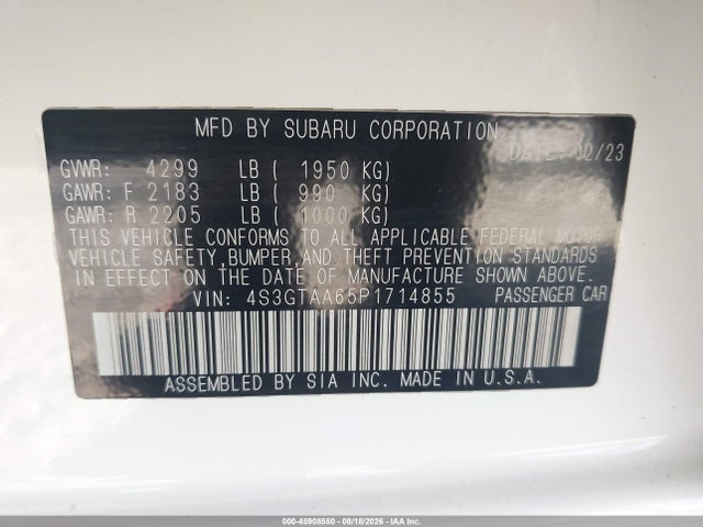 2023 Subaru Impreza Base 5-door მანქანა იყიდება აუქციონზე, vin: 4S3GTAA65P1714855, აუქციონის ნომერი: 45908550