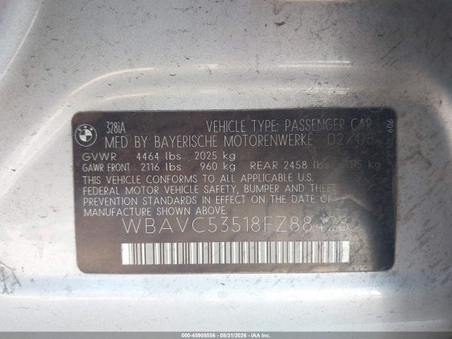 45908556 :رقم المزاد ، WBAVC53518FZ88428 vin ، 2008 Bmw 328i مزاد بيع