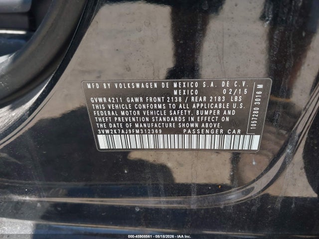 2015 Volkswagen Jetta 2.0l S მანქანა იყიდება აუქციონზე, vin: 3VW2K7AJ9FM312369, აუქციონის ნომერი: 45908561