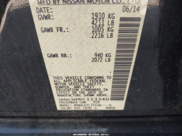 45908569 :رقم المزاد ، 1N4AL3AP9FC113340 vin ، 2015 Nissan Altima 2.5 S مزاد بيع