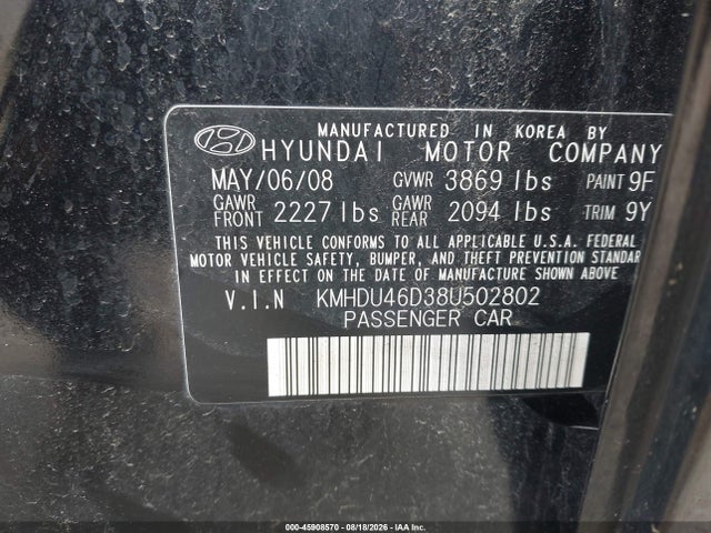 Aukcja sprzedaży 2008 Hyundai Elantra Gls/se, vin: KMHDU46D38U502802, numer aukcji: 45908570
