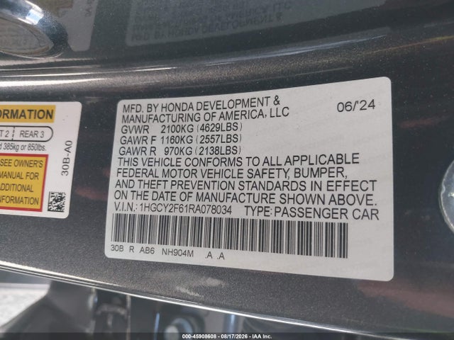 45908608 :رقم المزاد ، 1HGCY2F61RA078034 vin ، 2024 Honda Accord Hybrid Ex-l مزاد بيع