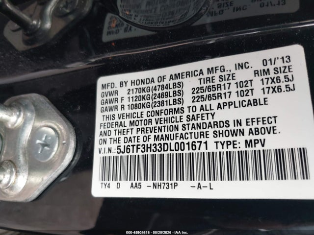 Продажа на аукционе авто 2013 Honda Crosstour Ex, vin: 5J6TF3H33DL001671, номер лота: 45908616