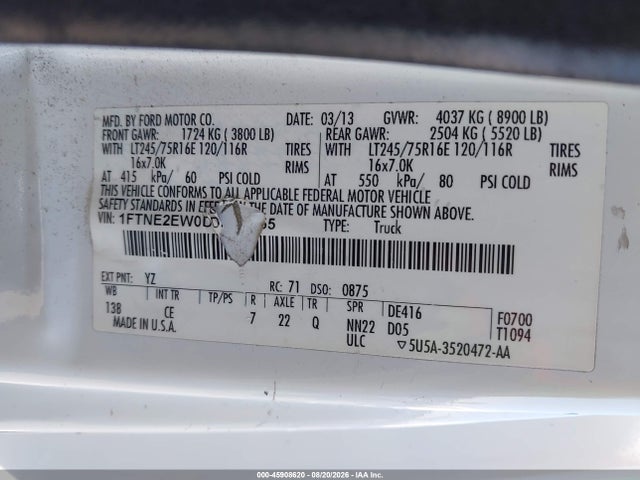 Продаж на аукціоні авто 2013 Ford E-250 Commercial, vin: 1FTNE2EW0DDA54655, номер лоту: 45908620