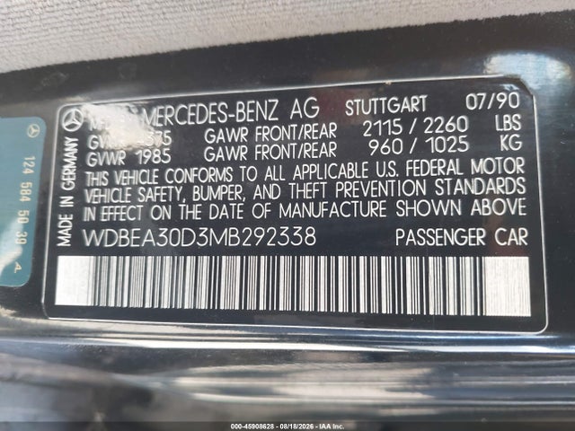 Продаж на аукціоні авто 1991 Mercedes-benz 300 E, vin: WDBEA30D3MB292338, номер лоту: 45908628