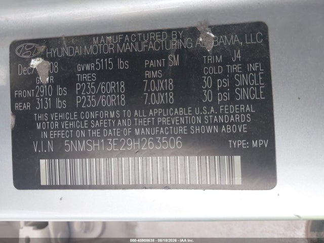 Aukcja sprzedaży 2009 Hyundai Santa Fe Se, vin: 5NMSH13E29H263506, numer aukcji: 45908638