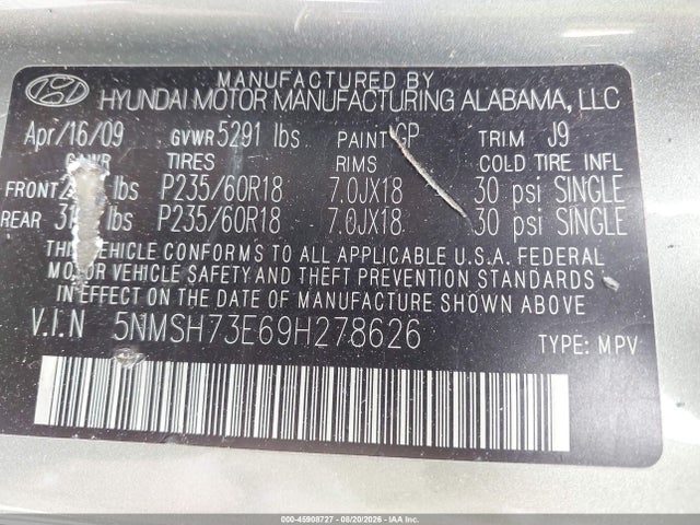 45908727 :رقم المزاد ، 5NMSH73E69H278626 vin ، 2009 Hyundai Santa Fe Limited مزاد بيع