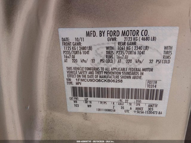 45908730 :رقم المزاد ، 1FMCU9DG6CKB06258 vin ، 2012 Ford Escape Xlt مزاد بيع