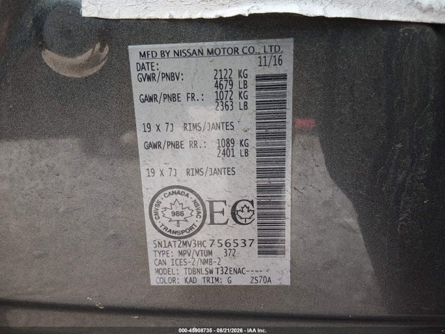 45908735 :رقم المزاد ، 5N1AT2MV3HC756537 vin ، 2017 Nissan Rogue S/sl/sv مزاد بيع