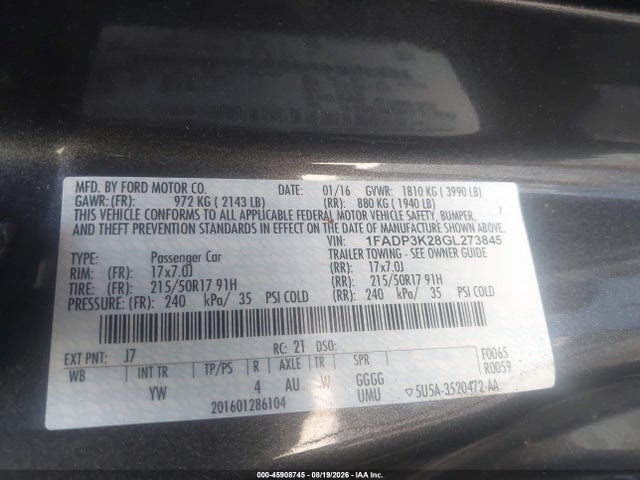 45908745 :رقم المزاد ، 1FADP3K28GL273845 vin ، 2016 Ford Focus Se مزاد بيع