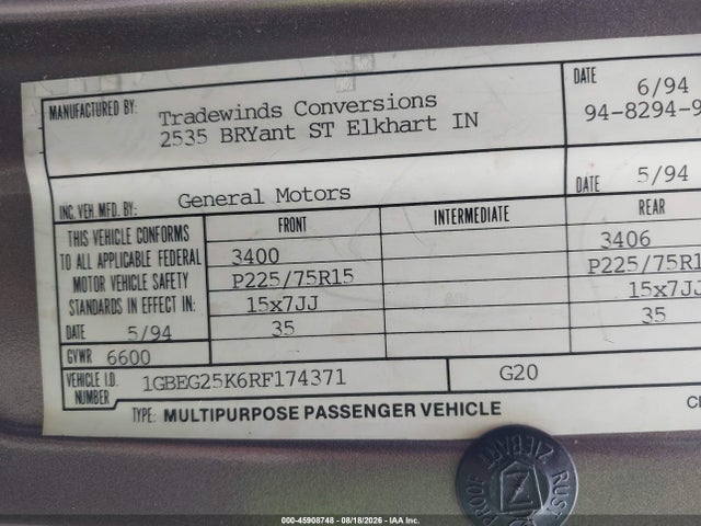 1994 Chevrolet G20 მანქანა იყიდება აუქციონზე, vin: 1GBEG25K6RF174371, აუქციონის ნომერი: 45908748