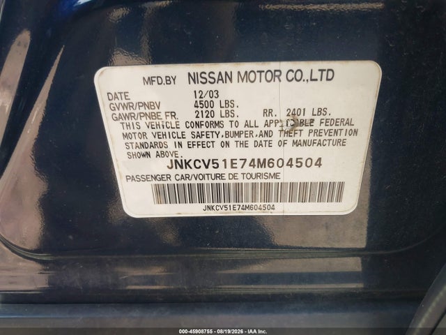 Aukcja sprzedaży 2004 Infiniti G35, vin: JNKCV51E74M604504, numer aukcji: 45908755