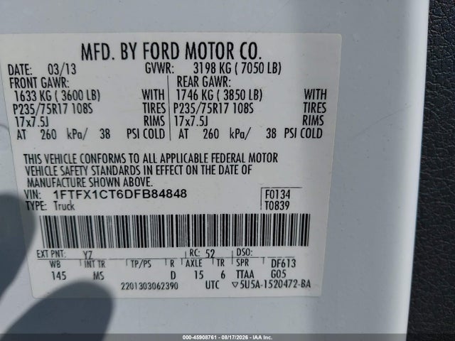 2013 Ford F-150 Xlt მანქანა იყიდება აუქციონზე, vin: 1FTFX1CT6DFB84848, აუქციონის ნომერი: 45908761