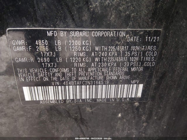 2022 Subaru Outback Premium მანქანა იყიდება აუქციონზე, vin: 4S4BTAFC2N3164519, აუქციონის ნომერი: 45908766