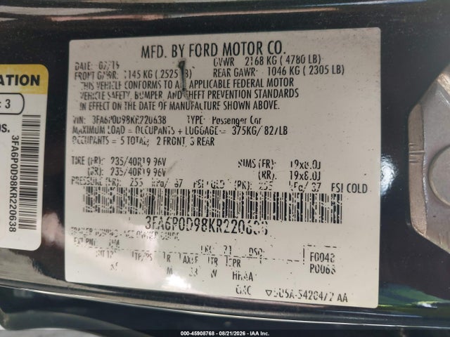Aukcja sprzedaży 2019 Ford Fusion Titanium, vin: 3FA6P0D98KR220638, numer aukcji: 45908768