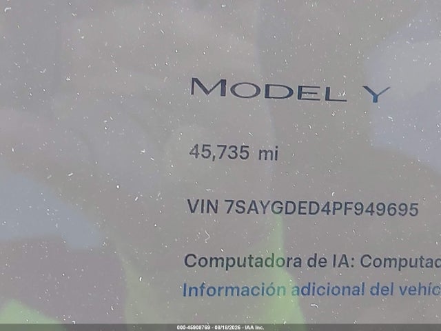 45908769 :رقم المزاد ، 7SAYGDED4PF949695 vin ، 2023 Tesla Model Y Rwd مزاد بيع