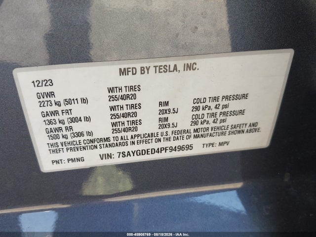 45908769 :رقم المزاد ، 7SAYGDED4PF949695 vin ، 2023 Tesla Model Y Rwd مزاد بيع