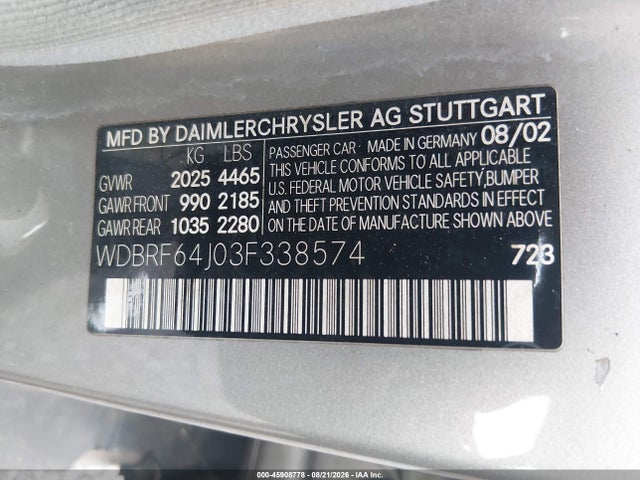 45908778 :رقم المزاد ، WDBRF64J03F338574 vin ، 2003 Mercedes-benz C 320 Sport مزاد بيع
