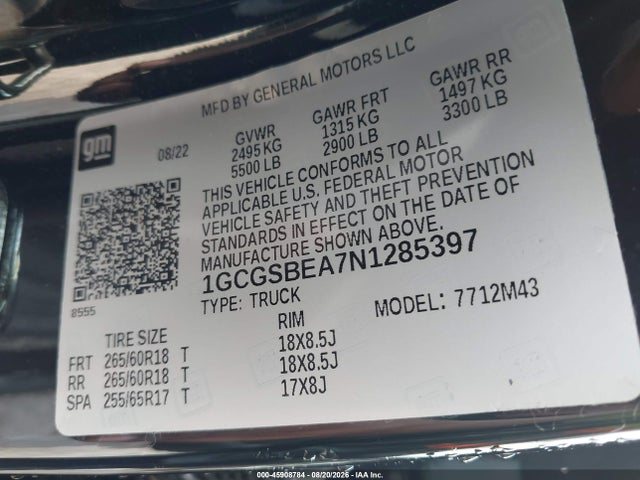 Продаж на аукціоні авто 2022 Chevrolet Colorado 2wd  Short Box Wt, vin: 1GCGSBEA7N1285397, номер лоту: 45908784