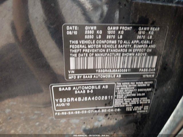 45908791 :رقم المزاد ، YS3GR4BJ6A4002811 vin ، 2010 Saab 9-5 Aero مزاد بيع