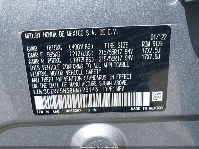 3CZRU5H38NM729143 Honda Hr-v 2wd Lx