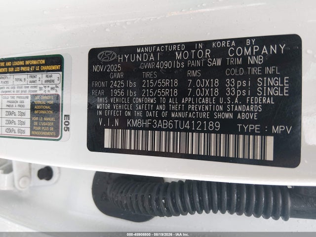 2026 Hyundai Kona Sel Sport მანქანა იყიდება აუქციონზე, vin: KM8HF3AB6TU412189, აუქციონის ნომერი: 45908800