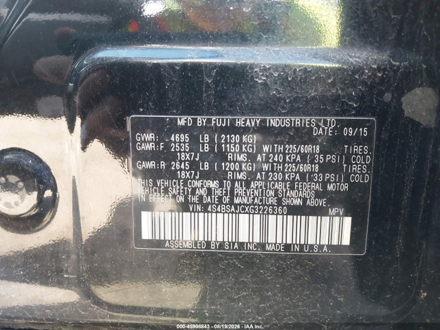 Продаж на аукціоні авто 2016 Subaru Outback 2.5i Limited, vin: 4S4BSAJCXG3226360, номер лоту: 45908843