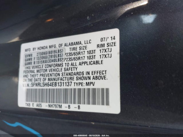 Продаж на аукціоні авто 2014 Honda Odyssey Ex-l, vin: 5FNRL5H64EB131137, номер лоту: 45908845
