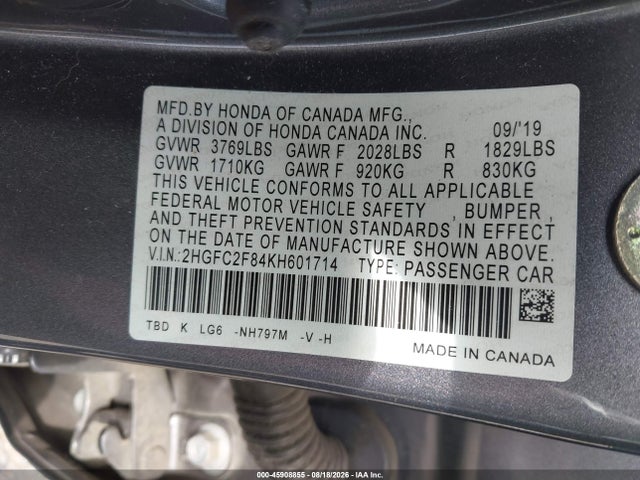 45908855 :رقم المزاد ، 2HGFC2F84KH601714 vin ، 2019 Honda Civic Sport مزاد بيع