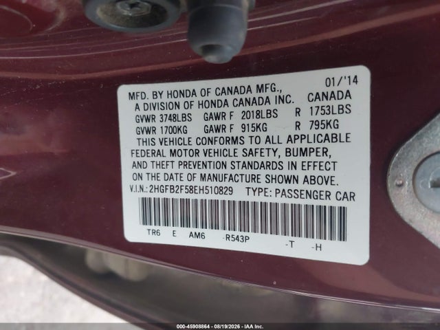 Aukcja sprzedaży 2014 Honda Civic Lx, vin: 2HGFB2F58EH510829, numer aukcji: 45908864