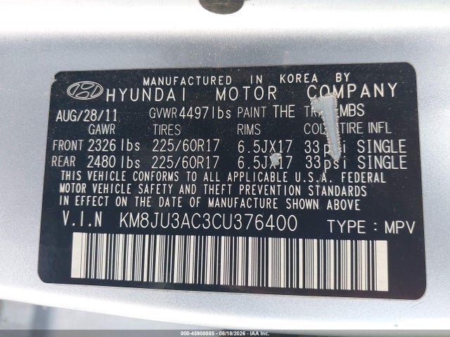 45908885 :رقم المزاد ، KM8JU3AC3CU376400 vin ، 2012 Hyundai Tucson Gls مزاد بيع