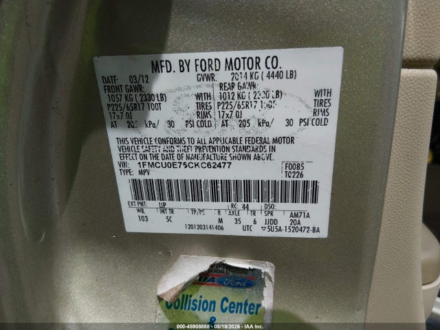 45908888 :رقم المزاد ، 1FMCU0E75CKC62477 vin ، 2012 Ford Escape Limited مزاد بيع