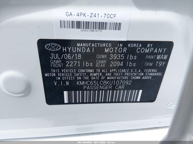 KMHC65LC8KU107092 Hyundai Ioniq Hybrid Blue