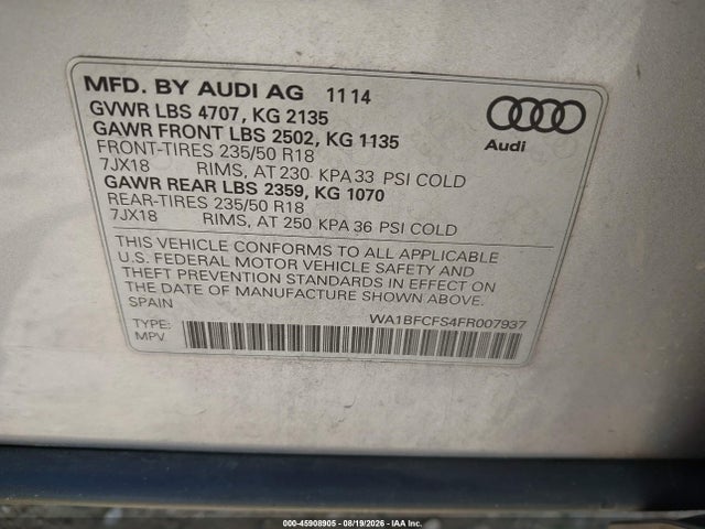 Aukcja sprzedaży 2015 Audi Q3 2.0t Premium Plus, vin: WA1BFCFS4FR007937, numer aukcji: 45908905