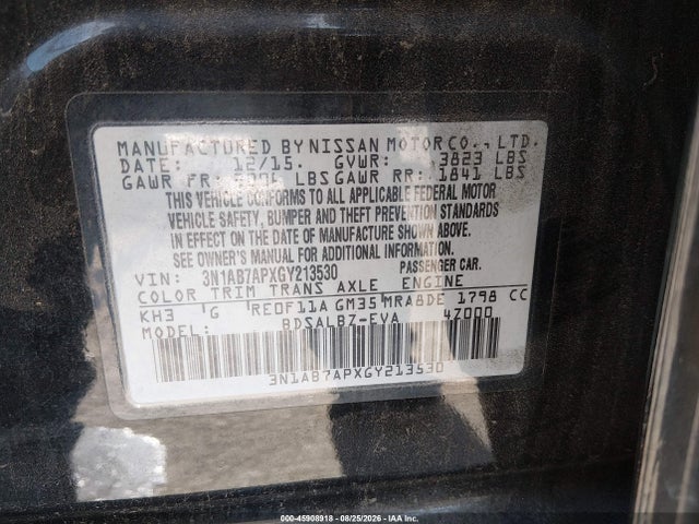 Продажа на аукционе авто 2016 Nissan Sentra S, vin: 3N1AB7APXGY213530, номер лота: 45908918