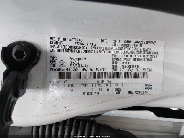 45908921 :رقم المزاد ، 1FADP3F2XGL312235 vin ، 2016 Ford Focus Se مزاد بيع