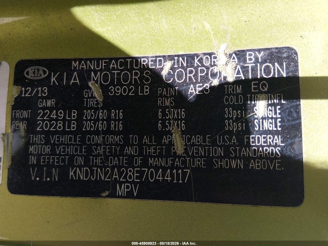 2014 Kia Soul მანქანა იყიდება აუქციონზე, vin: KNDJN2A28E7044117, აუქციონის ნომერი: 45908923