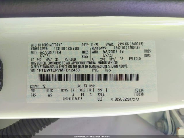 45908926 :رقم المزاد ، 1FTEW1EP7MFD12450 vin ، 2021 Ford F-150 Xl مزاد بيع
