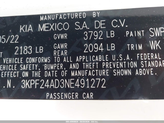 Продажа на аукционе авто 2022 Kia Forte Lxs, vin: 3KPF24AD3NE491272, номер лота: 45908929