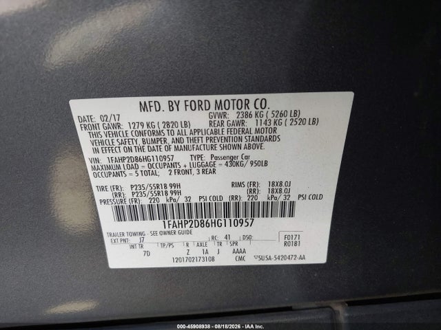 Aukcja sprzedaży 2017 Ford Taurus Se, vin: 1FAHP2D86HG110957, numer aukcji: 45908938