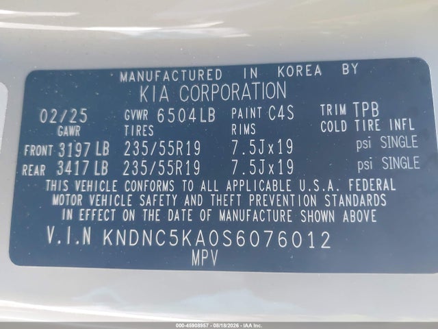 Auction sale of the 2025 Kia Carnival Mpv Hybrid Ex, vin: KNDNC5KA0S6076012, lot number: 45908957