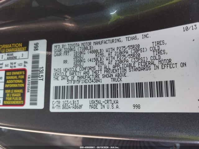 45908961 :رقم المزاد ، 5TFBY5F1XEX343041 vin ، 2014 Toyota Tundra Limited 5.7l V8 مزاد بيع