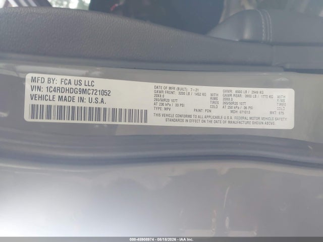 2021 Dodge Durango Gt Plus Rwd მანქანა იყიდება აუქციონზე, vin: 1C4RDHDG9MC721052, აუქციონის ნომერი: 45908974