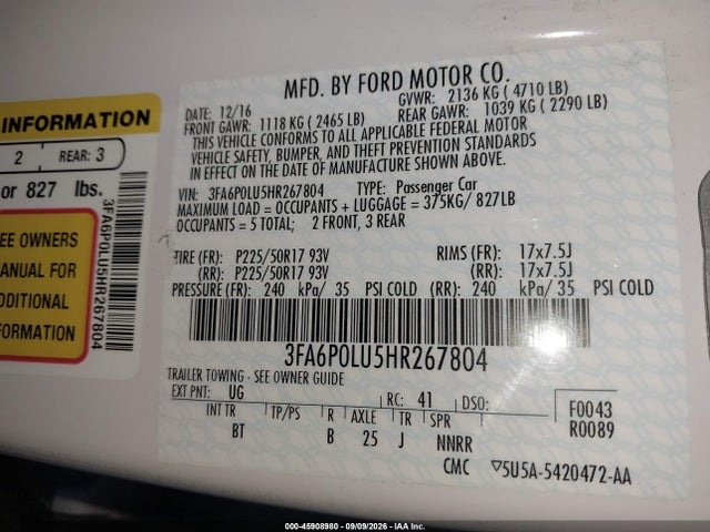 Продаж на аукціоні авто 2017 Ford Fusion Hybrid Se, vin: 3FA6P0LU5HR267804, номер лоту: 45908980