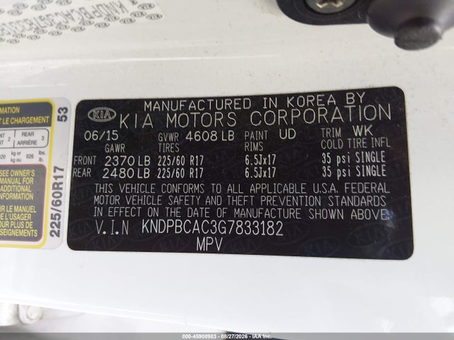 Aukcja sprzedaży 2016 Kia Sportage Lx, vin: KNDPBCAC3G7833182, numer aukcji: 45908983