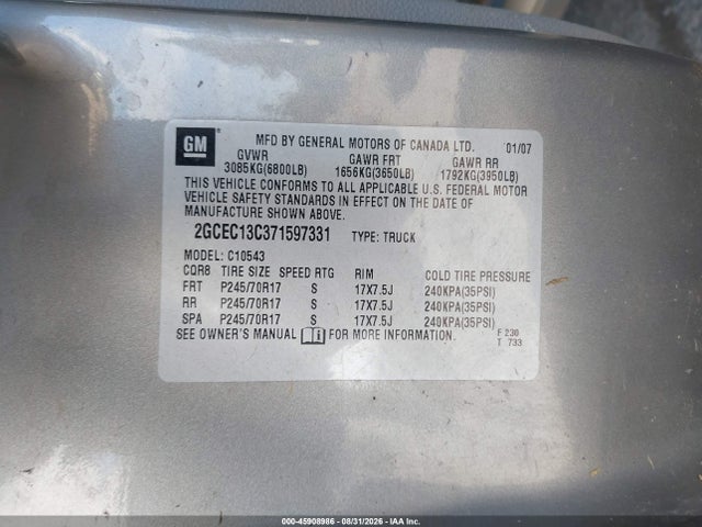 Aukcja sprzedaży 2007 Chevrolet Silverado 1500 Work Truck, vin: 2GCEC13C371597331, numer aukcji: 45908986
